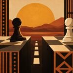 A bold poster-style illustration of two opposing pawn silhouettes beside an amber disc, with one pawn crossing a marked gap and geometric.