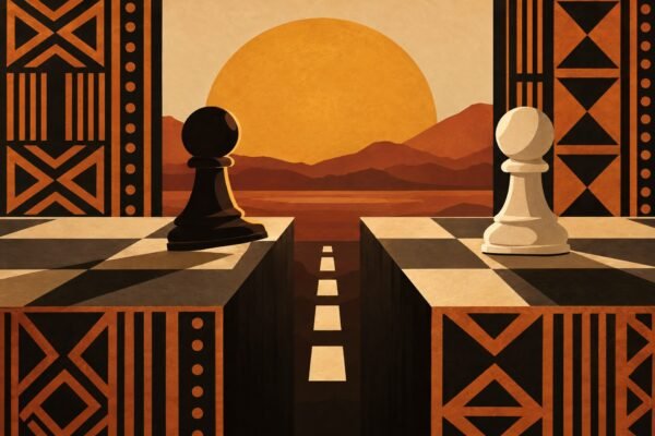 A bold poster-style illustration of two opposing pawn silhouettes beside an amber disc, with one pawn crossing a marked gap and geometric.