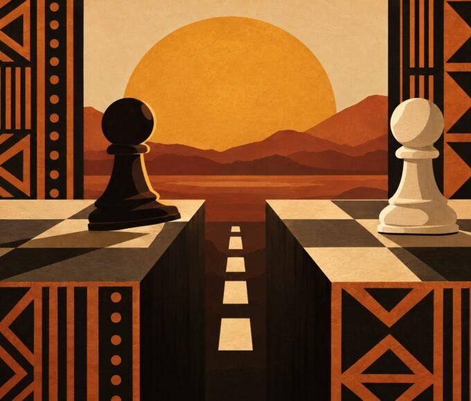 A bold poster-style illustration of two opposing pawn silhouettes beside an amber disc, with one pawn crossing a marked gap and geometric.