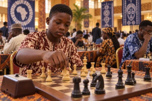 A beginner’s hands calmly move a knight towards the centre on a wooden chessboard in a crowded Nigerian tournament hall, with softly blurred players.
