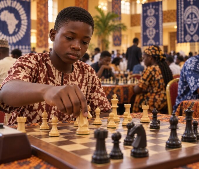 A beginner’s hands calmly move a knight towards the centre on a wooden chessboard in a crowded Nigerian tournament hall, with softly blurred players.