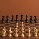 A documentary-style chess photograph in warm natural light, with an African design sensibility, showing a Caro-Kann position on a wooden board.