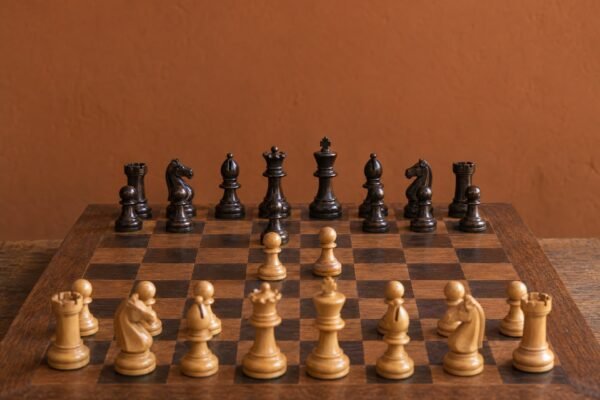 A documentary-style chess photograph in warm natural light, with an African design sensibility, showing a Caro-Kann position on a wooden board.