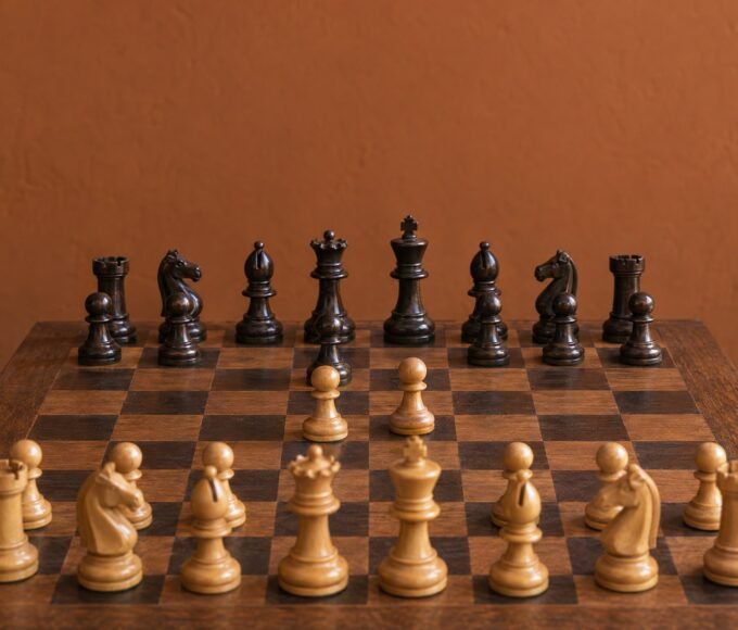 A documentary-style chess photograph in warm natural light, with an African design sensibility, showing a Caro-Kann position on a wooden board.