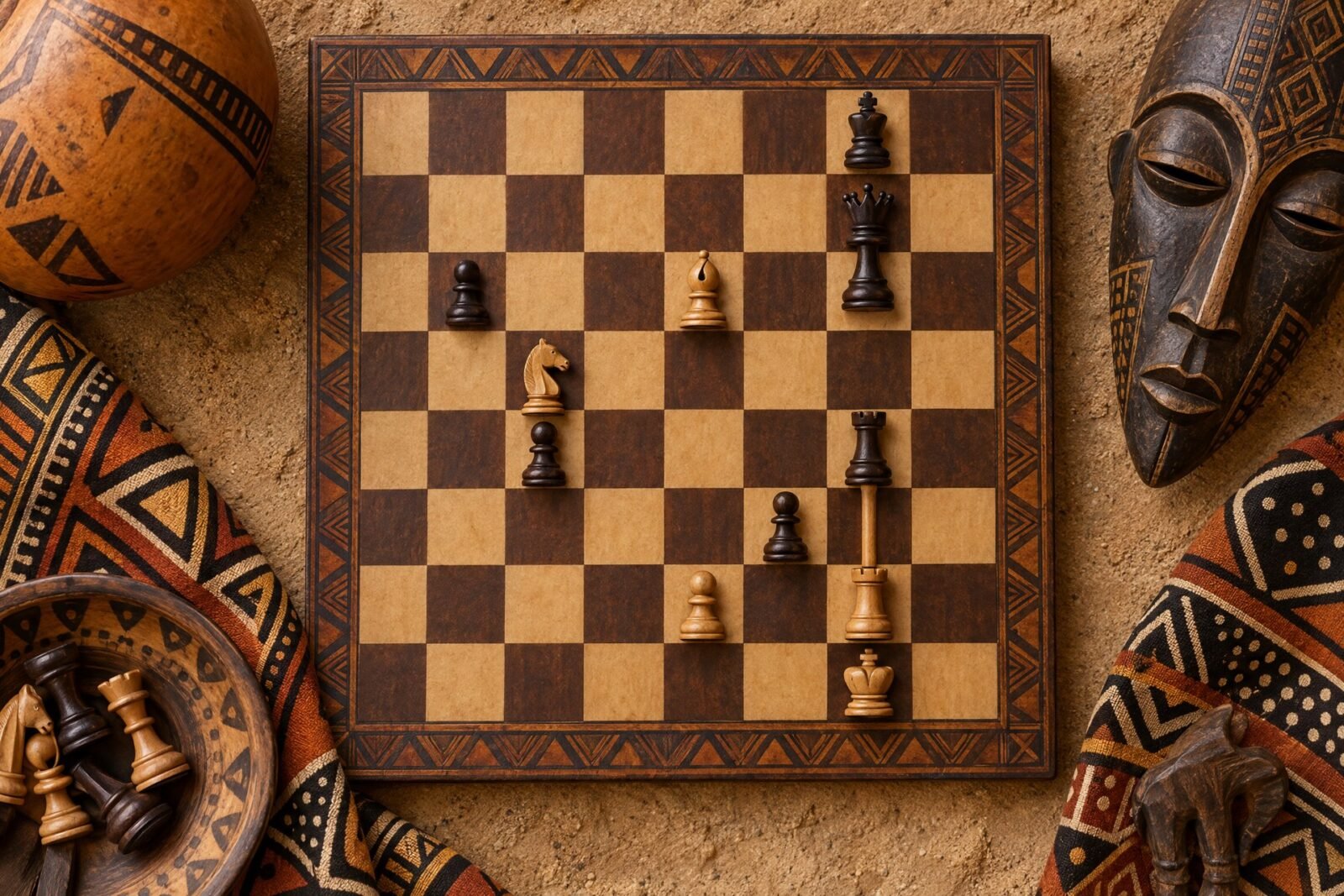 An overhead flat-lay photograph of a chessboard showing a knight attacking two pieces, a bishop pinning a piece to a king and a rook skewering a.