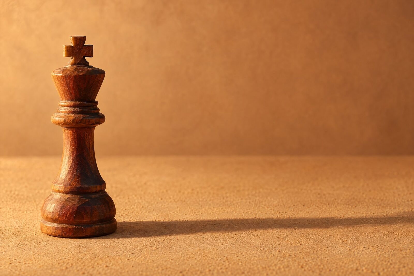 A single hand-carved wooden chess king standing on a plain sand-coloured surface, warm directional light from the left, a soft long shadow, and.