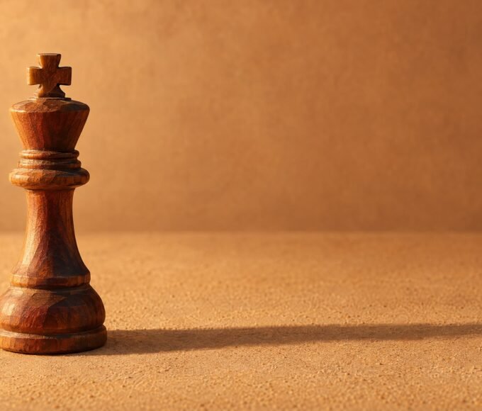 A single hand-carved wooden chess king standing on a plain sand-coloured surface, warm directional light from the left, a soft long shadow, and.