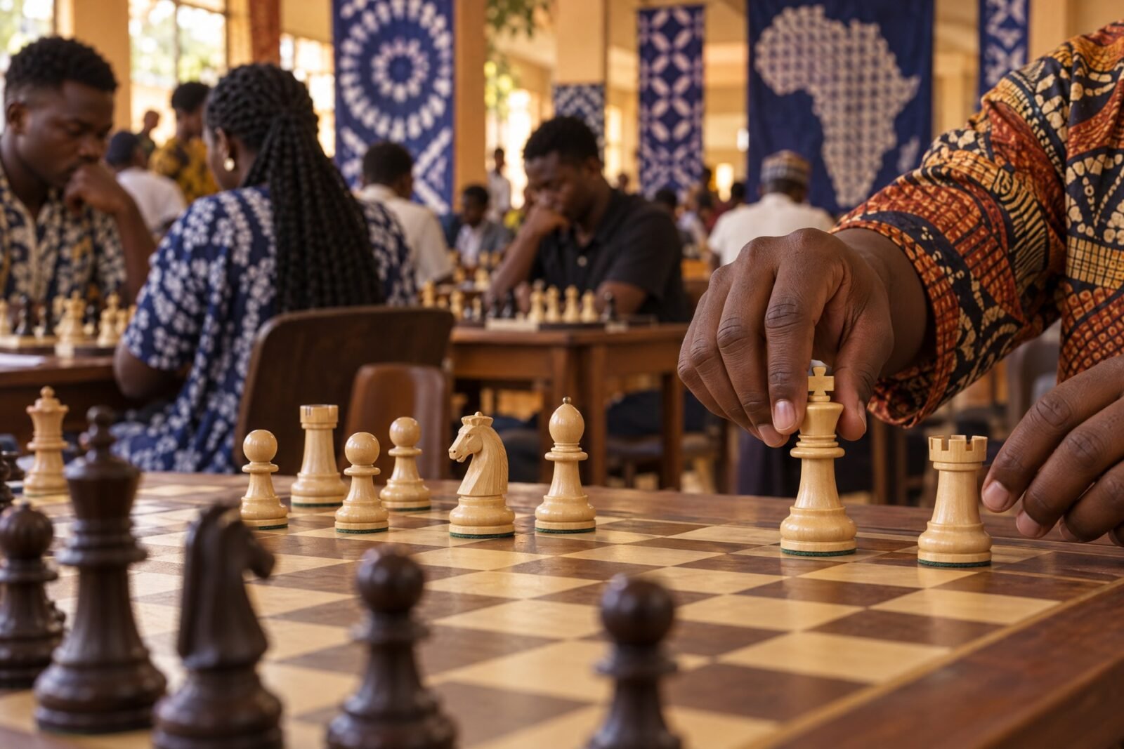 A player's hands complete kingside castling on a wooden chessboard in a busy Nigerian chess hall, with the king and rook sharp in the foreground,.