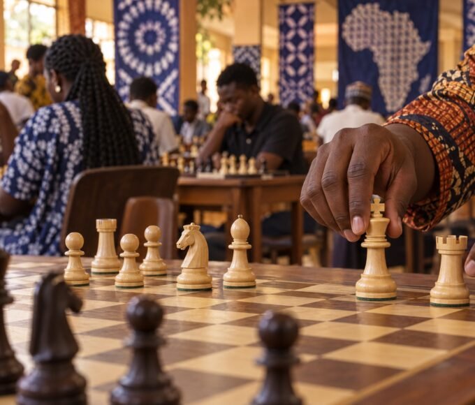 A player's hands complete kingside castling on a wooden chessboard in a busy Nigerian chess hall, with the king and rook sharp in the foreground,.