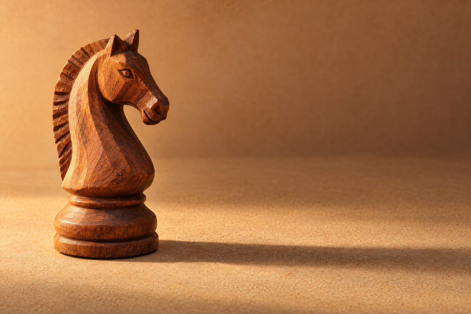 A hand-carved wooden chess knight standing on a plain sand-coloured surface, warm directional light from the left, a soft long shadow, and plenty of.
