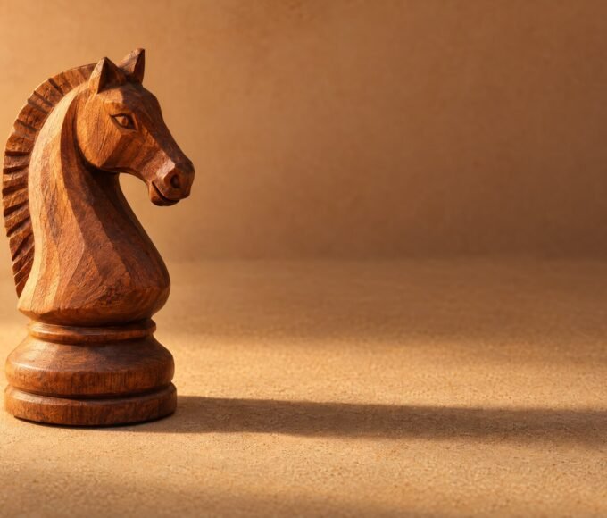 A hand-carved wooden chess knight standing on a plain sand-coloured surface, warm directional light from the left, a soft long shadow, and plenty of.