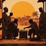 A diverse group of Nigerian neighbours gathered around a chessboard beneath a large amber disc, shown as dark silhouettes framed by geometric.