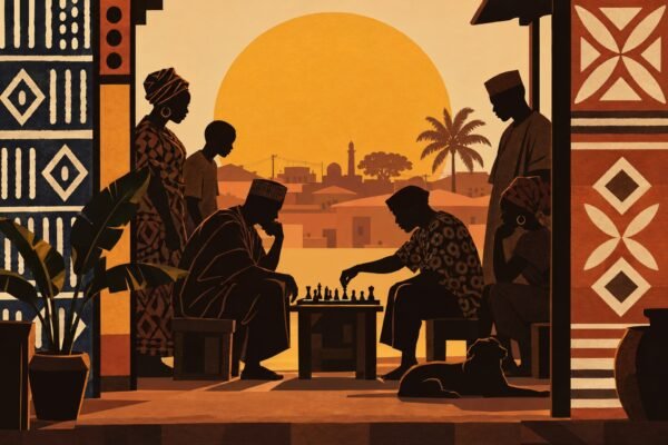 A diverse group of Nigerian neighbours gathered around a chessboard beneath a large amber disc, shown as dark silhouettes framed by geometric.