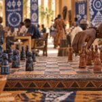A hand-finished indigo-and-terracotta Nigerian chess set on a richly textured board, sharp in the foreground at board level in a busy hall, with.