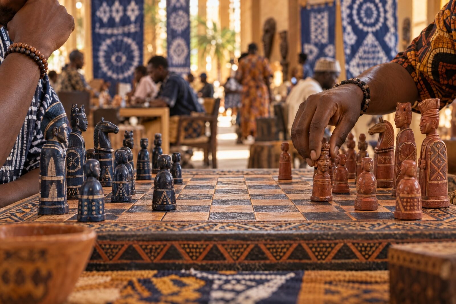 A hand-finished indigo-and-terracotta Nigerian chess set on a richly textured board, sharp in the foreground at board level in a busy hall, with.