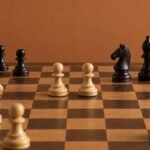 A close photographic view of a wooden chessboard showing a white pawn centre facing a black kingside fianchetto, warm natural light, an African.
