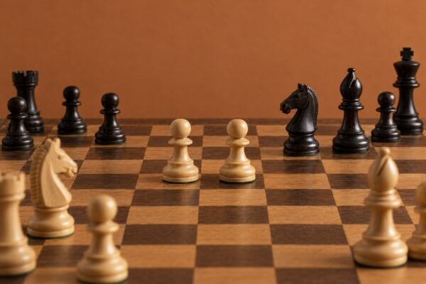A close photographic view of a wooden chessboard showing a white pawn centre facing a black kingside fianchetto, warm natural light, an African.