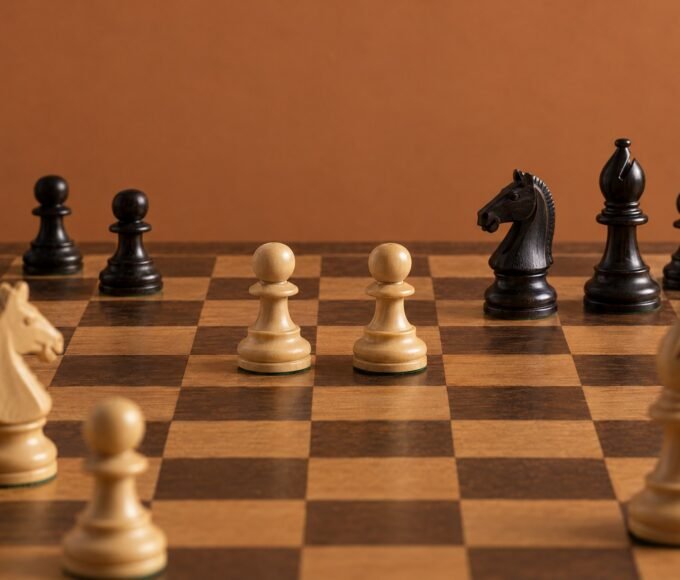 A close photographic view of a wooden chessboard showing a white pawn centre facing a black kingside fianchetto, warm natural light, an African.
