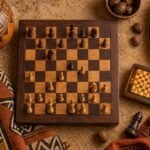 An overhead flat-lay photograph of a wooden chessboard with a glowing pocket-sized chess device beside it, surrounded by African textile patterns,.
