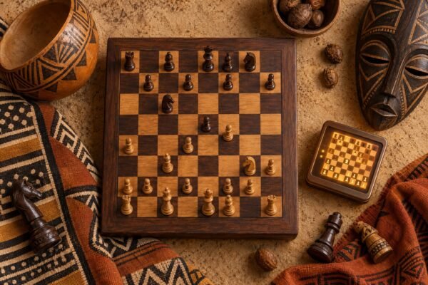 An overhead flat-lay photograph of a wooden chessboard with a glowing pocket-sized chess device beside it, surrounded by African textile patterns,.