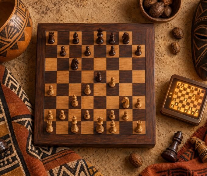 An overhead flat-lay photograph of a wooden chessboard with a glowing pocket-sized chess device beside it, surrounded by African textile patterns,.