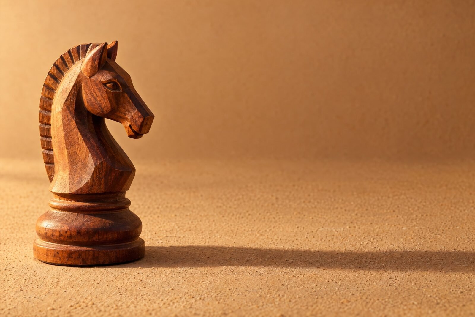 A hand-carved wooden chess knight standing on a plain sand-coloured surface, warm directional light from the left, a soft long shadow and plenty of.