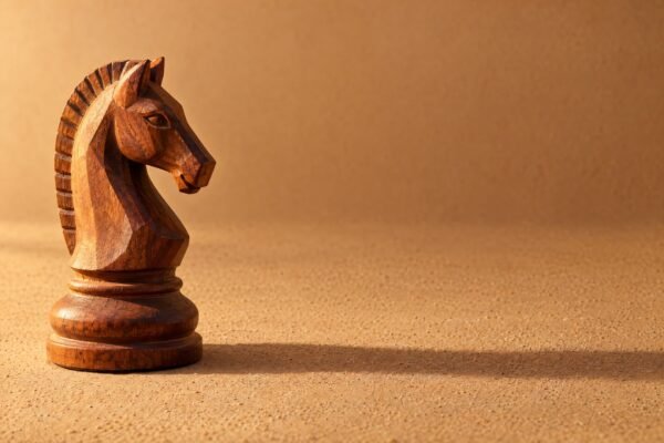A hand-carved wooden chess knight standing on a plain sand-coloured surface, warm directional light from the left, a soft long shadow and plenty of.