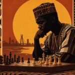 A focused Nigerian chess player studying a wooden board before a championship match, rendered as a bold poster-style illustration with a dark.