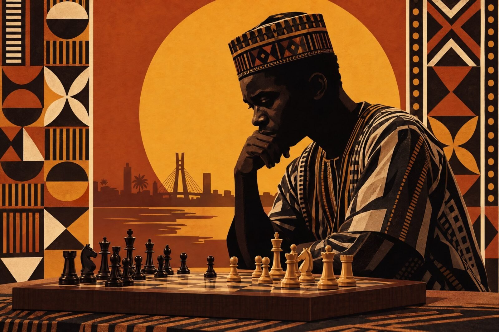 A focused Nigerian chess player studying a wooden board before a championship match, rendered as a bold poster-style illustration with a dark.