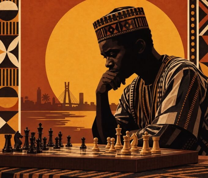 A focused Nigerian chess player studying a wooden board before a championship match, rendered as a bold poster-style illustration with a dark.