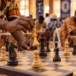 A 13-year-old chess prodigy’s hands hovering over a crowded board at the moment of a queen sacrifice, warm documentary photograph at board level in a.