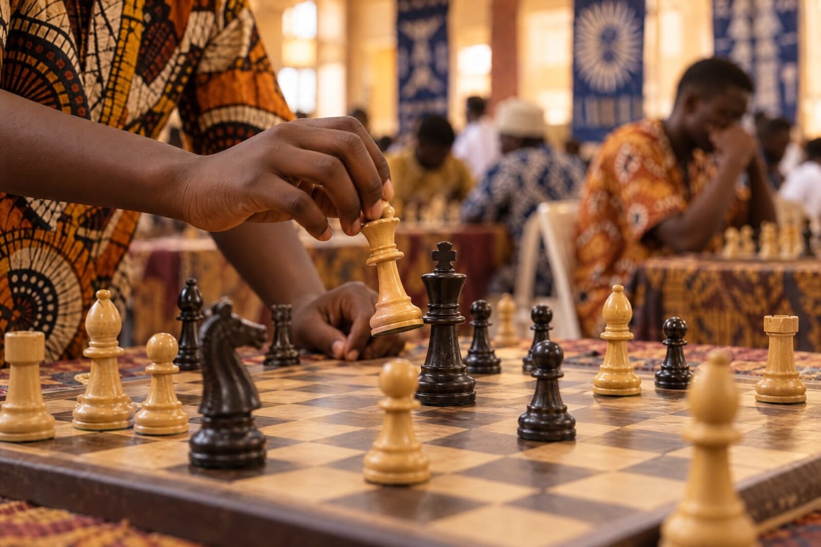A 13-year-old chess prodigy’s hands hovering over a crowded board at the moment of a queen sacrifice, warm documentary photograph at board level in a.