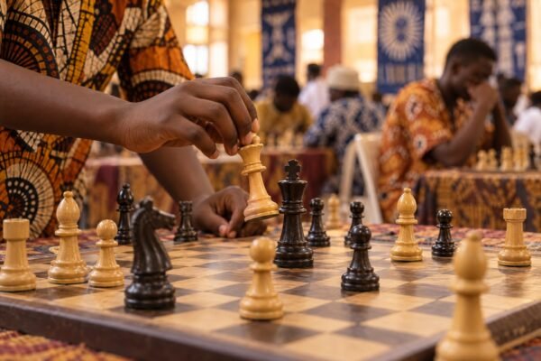 A 13-year-old chess prodigy’s hands hovering over a crowded board at the moment of a queen sacrifice, warm documentary photograph at board level in a.