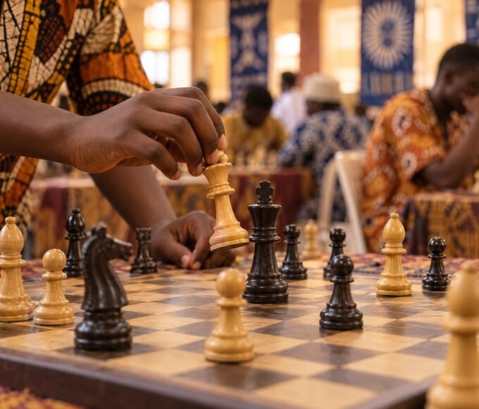A 13-year-old chess prodigy’s hands hovering over a crowded board at the moment of a queen sacrifice, warm documentary photograph at board level in a.