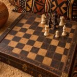 An antique 19th-century chessboard showing a white attacking force converging on a boxed-in black king, with carved wooden chess pieces, African.