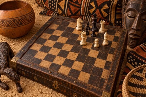 An antique 19th-century chessboard showing a white attacking force converging on a boxed-in black king, with carved wooden chess pieces, African.