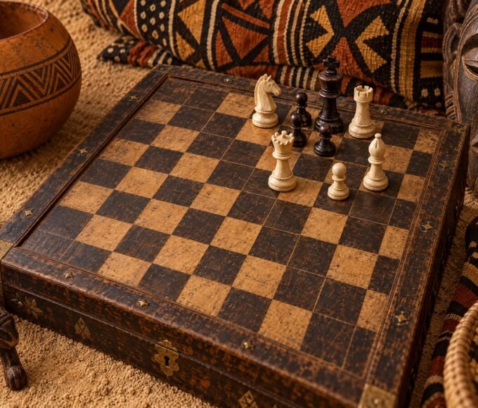 An antique 19th-century chessboard showing a white attacking force converging on a boxed-in black king, with carved wooden chess pieces, African.