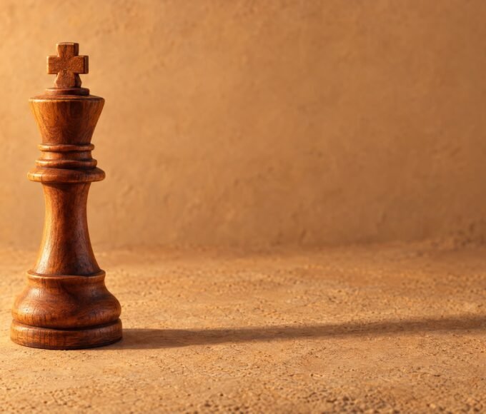 A hand-carved wooden chess king standing alone on a plain sand-coloured surface, warm directional light from the left, a soft long shadow and.