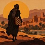 A dark silhouette of a traveller carrying a chessboard across a North African landscape, set against a large amber disc and framed by geometric.