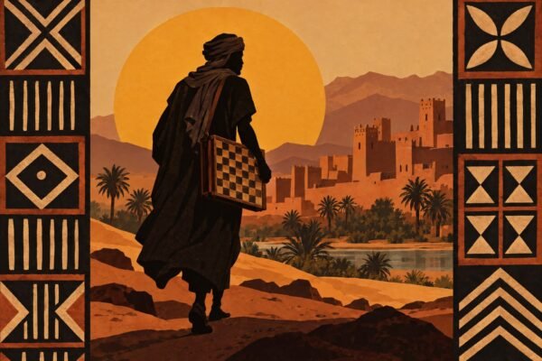 A dark silhouette of a traveller carrying a chessboard across a North African landscape, set against a large amber disc and framed by geometric.