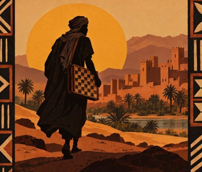 A dark silhouette of a traveller carrying a chessboard across a North African landscape, set against a large amber disc and framed by geometric.
