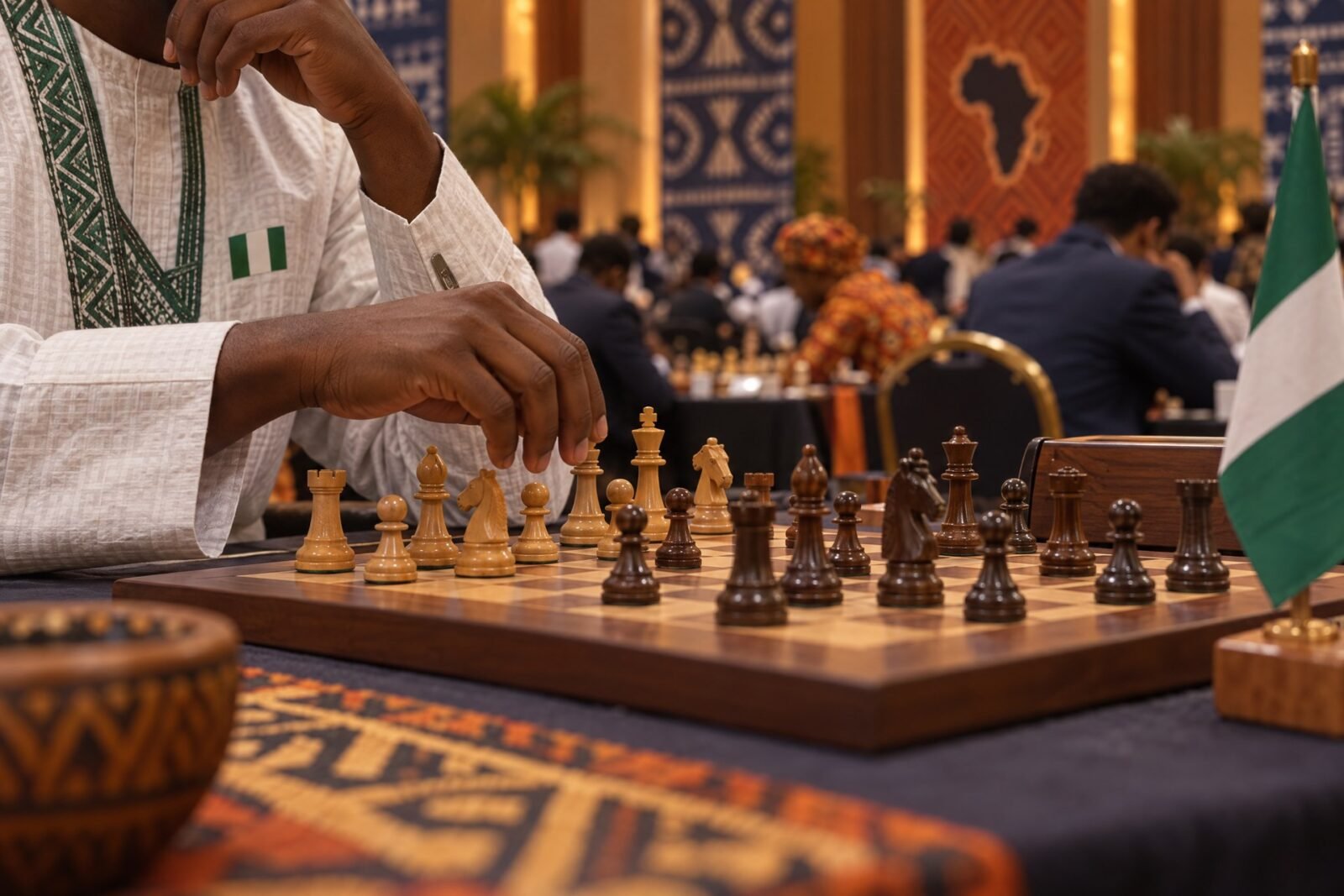 Odion Aikhoje’s hands poised over a wooden chessboard during a tense board-two game in a crowded Olympiad hall, with out-of-focus players and Adire.