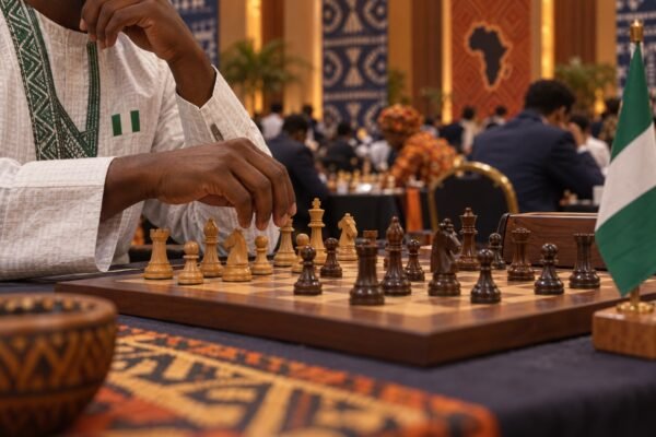 Odion Aikhoje’s hands poised over a wooden chessboard during a tense board-two game in a crowded Olympiad hall, with out-of-focus players and Adire.