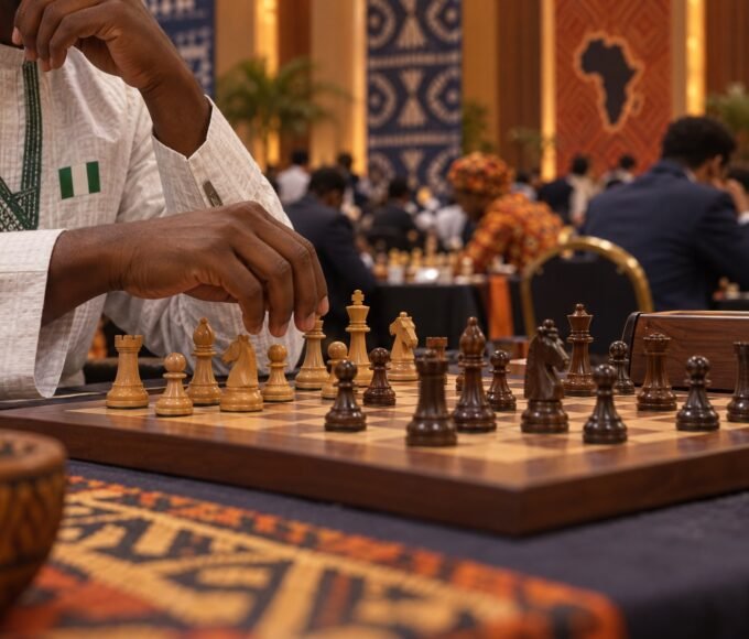 Odion Aikhoje’s hands poised over a wooden chessboard during a tense board-two game in a crowded Olympiad hall, with out-of-focus players and Adire.