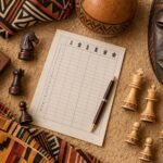An overhead flat-lay photograph of a Nigerian chess team’s wooden pieces arranged around a tournament scoresheet, surrounded by African textile.