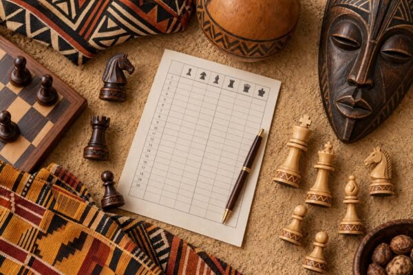 An overhead flat-lay photograph of a Nigerian chess team’s wooden pieces arranged around a tournament scoresheet, surrounded by African textile.