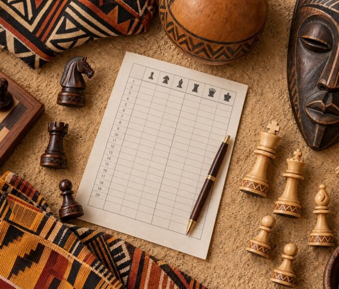 An overhead flat-lay photograph of a Nigerian chess team’s wooden pieces arranged around a tournament scoresheet, surrounded by African textile.