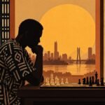 A Nigerian chess player in a dark silhouette studying a tournament board before a large amber disc, framed by geometric Adire-inspired panels, with.