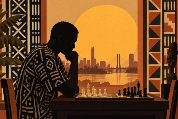 A Nigerian chess player in a dark silhouette studying a tournament board before a large amber disc, framed by geometric Adire-inspired panels, with.