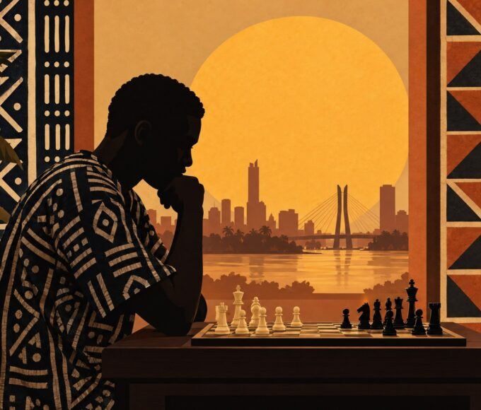 A Nigerian chess player in a dark silhouette studying a tournament board before a large amber disc, framed by geometric Adire-inspired panels, with.
